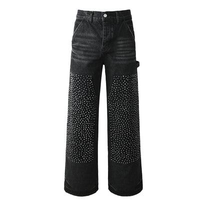 Men's Wide Leg Black Denim Jeans with Studded Front Panels and Streetwear Workwear Inspired Design 104