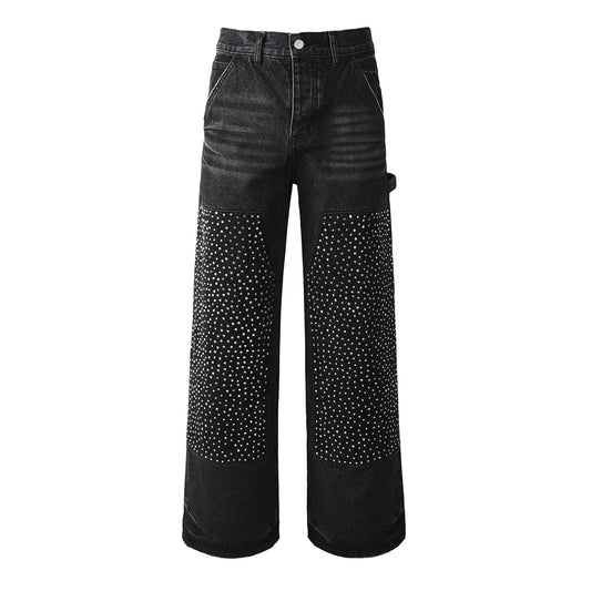 Men's Wide Leg Black Denim Jeans with Studded Front Panels and Streetwear Workwear Inspired Design 104