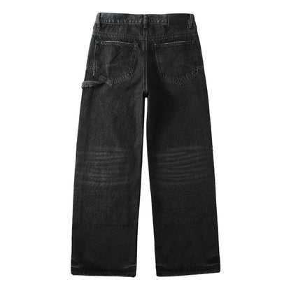 Men's Wide Leg Black Denim Jeans with Studded Front Panels and Streetwear Workwear Inspired Design 104