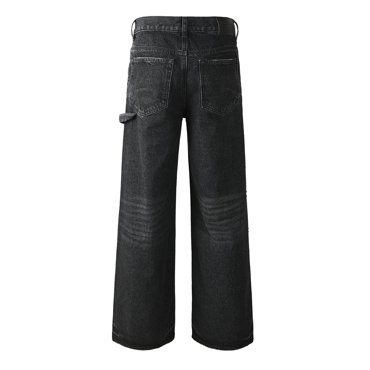 Men's Wide Leg Black Denim Jeans with Studded Front Panels and Streetwear Workwear Inspired Design 104