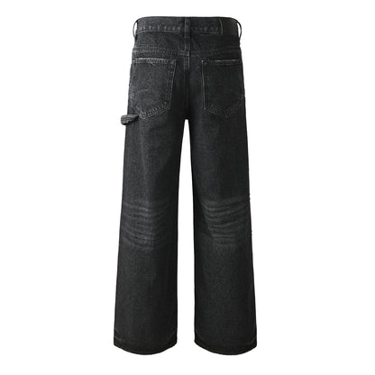 Men's Wide Leg Black Denim Jeans with Studded Front Panels and Streetwear Workwear Inspired Design 104