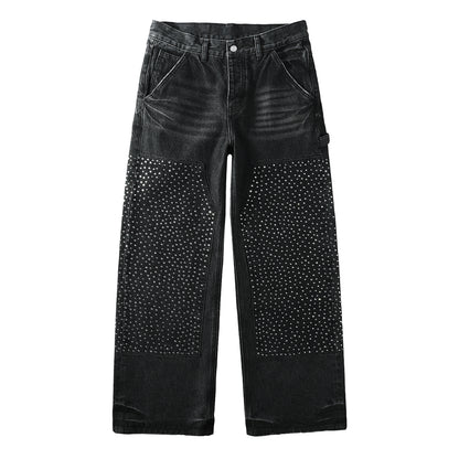 Men's Wide Leg Black Denim Jeans with Studded Front Panels and Streetwear Workwear Inspired Design 104