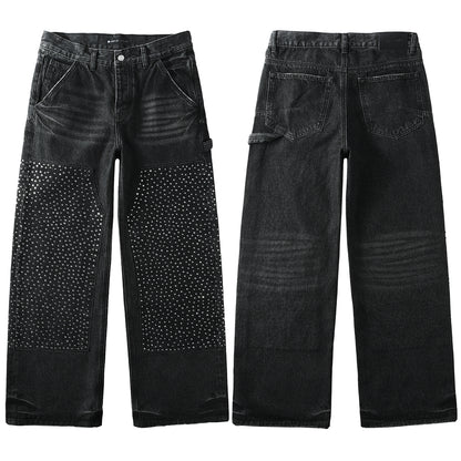 Men's Wide Leg Black Denim Jeans with Studded Front Panels and Streetwear Workwear Inspired Design 104