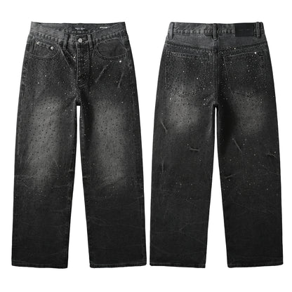 Men’s Oversized Streetwear Jeans in Vintage Black with Full-Length Glitter Detailing and Urban Luxury Vibe 105