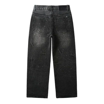 Men’s Oversized Streetwear Jeans in Vintage Black with Full-Length Glitter Detailing and Urban Luxury Vibe 105