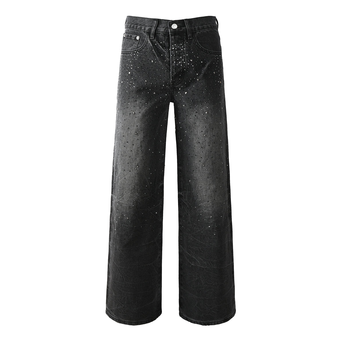 Men’s Oversized Streetwear Jeans in Vintage Black with Full-Length Glitter Detailing and Urban Luxury Vibe 105