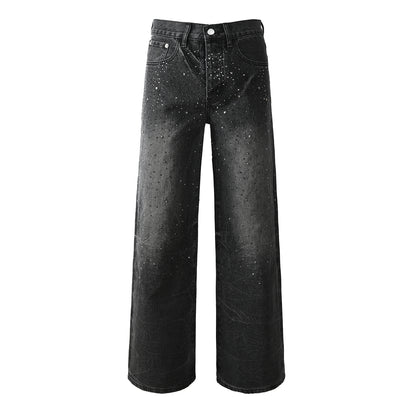 Men’s Oversized Streetwear Jeans in Vintage Black with Full-Length Glitter Detailing and Urban Luxury Vibe 105