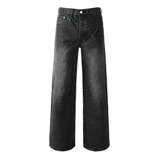 Men’s Oversized Streetwear Jeans in Vintage Black with Full-Length Glitter Detailing and Urban Luxury Vibe 105