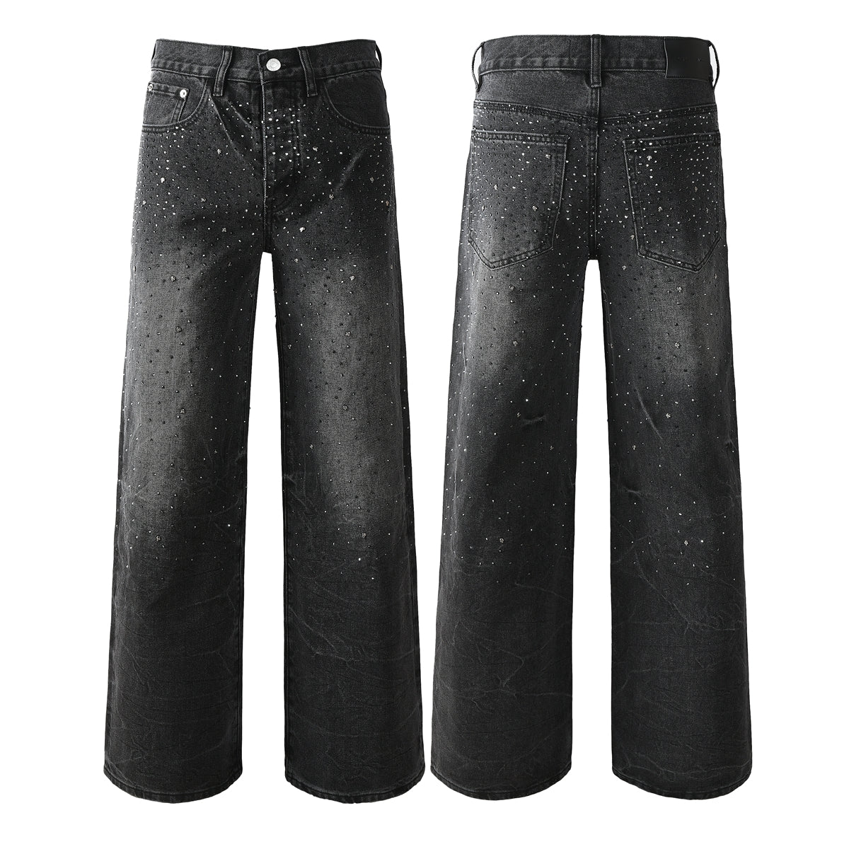 Men’s Oversized Streetwear Jeans in Vintage Black with Full-Length Glitter Detailing and Urban Luxury Vibe 105