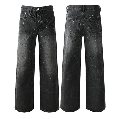 Men’s Oversized Streetwear Jeans in Vintage Black with Full-Length Glitter Detailing and Urban Luxury Vibe 105