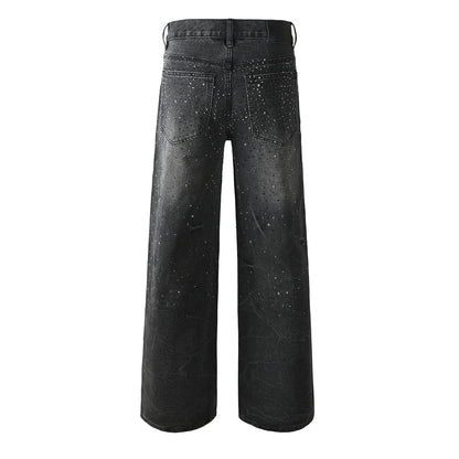 Men’s Oversized Streetwear Jeans in Vintage Black with Full-Length Glitter Detailing and Urban Luxury Vibe 105
