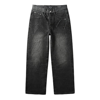 Men’s Oversized Streetwear Jeans in Vintage Black with Full-Length Glitter Detailing and Urban Luxury Vibe 105