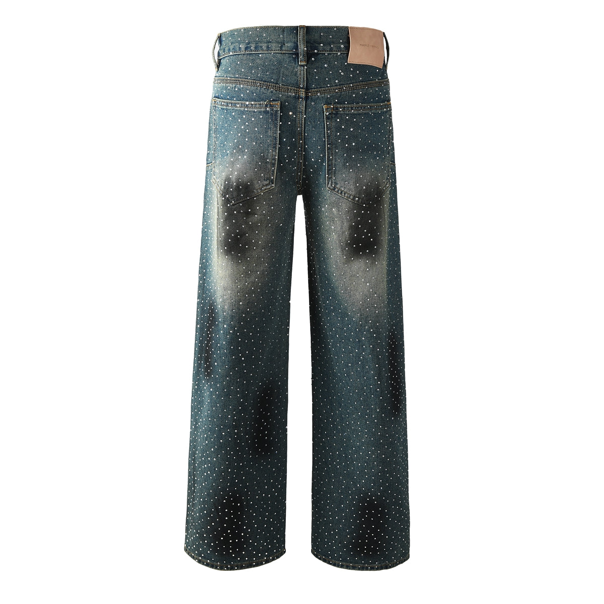 Men’s Dark Blue Wide Leg Jeans with Allover Studded Rhinestone Detailing Vintage Street Loose Denim Pants 106
