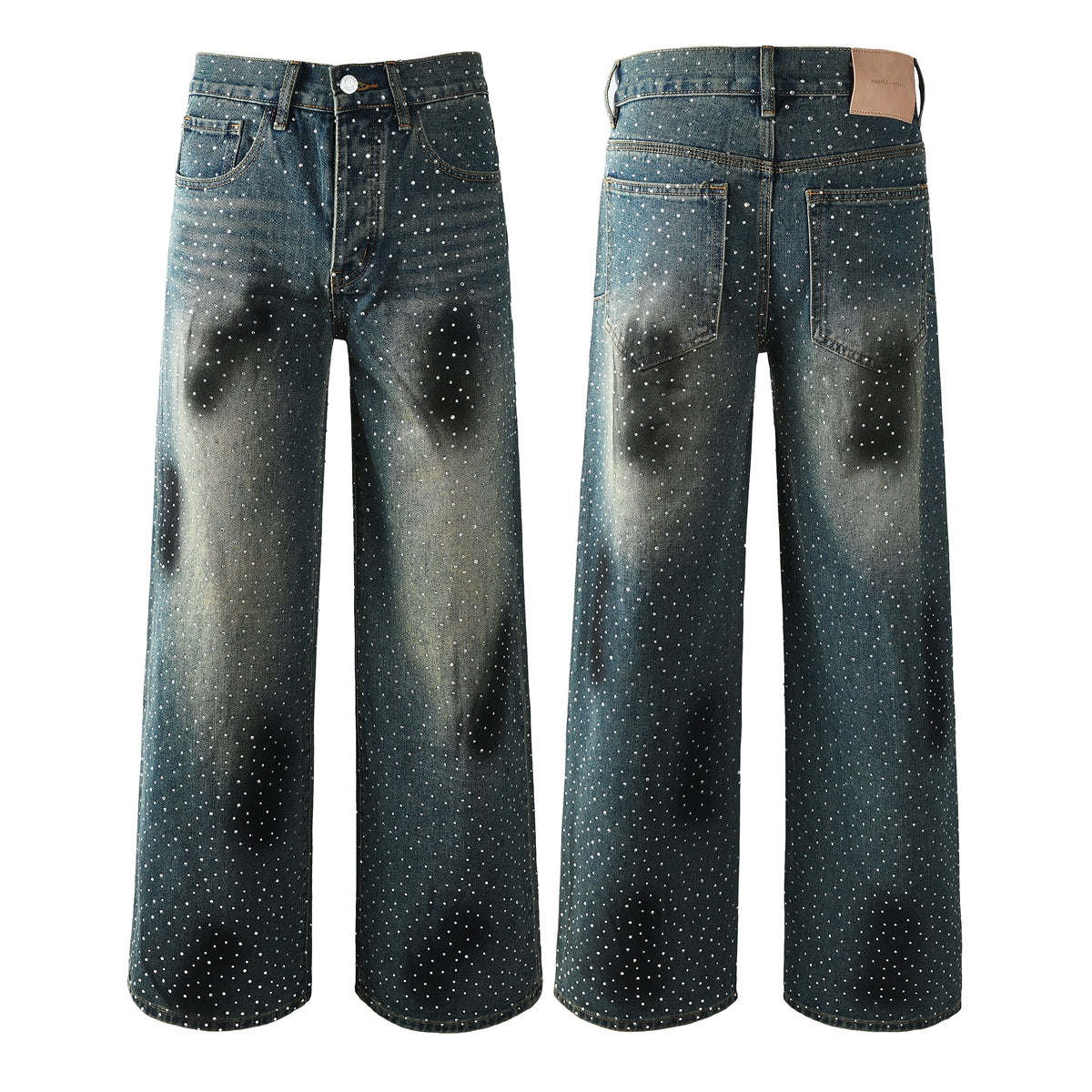 Men’s Dark Blue Wide Leg Jeans with Allover Studded Rhinestone Detailing Vintage Street Loose Denim Pants 106