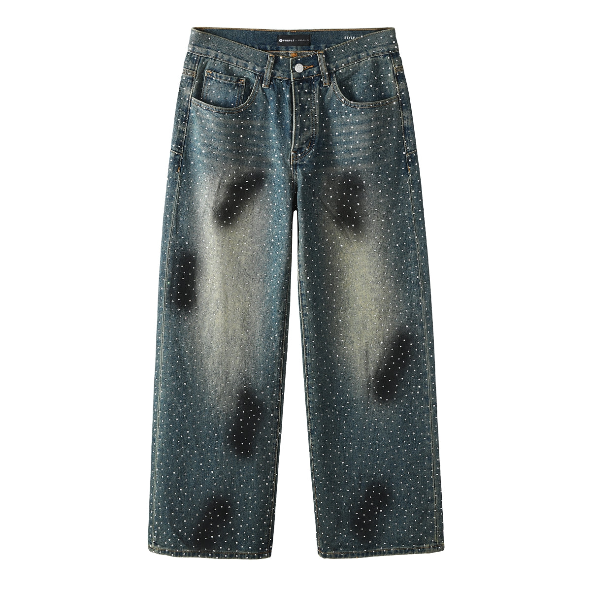 Men’s Dark Blue Wide Leg Jeans with Allover Studded Rhinestone Detailing Vintage Street Loose Denim Pants 106