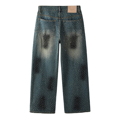 Men’s Dark Blue Wide Leg Jeans with Allover Studded Rhinestone Detailing Vintage Street Loose Denim Pants 106