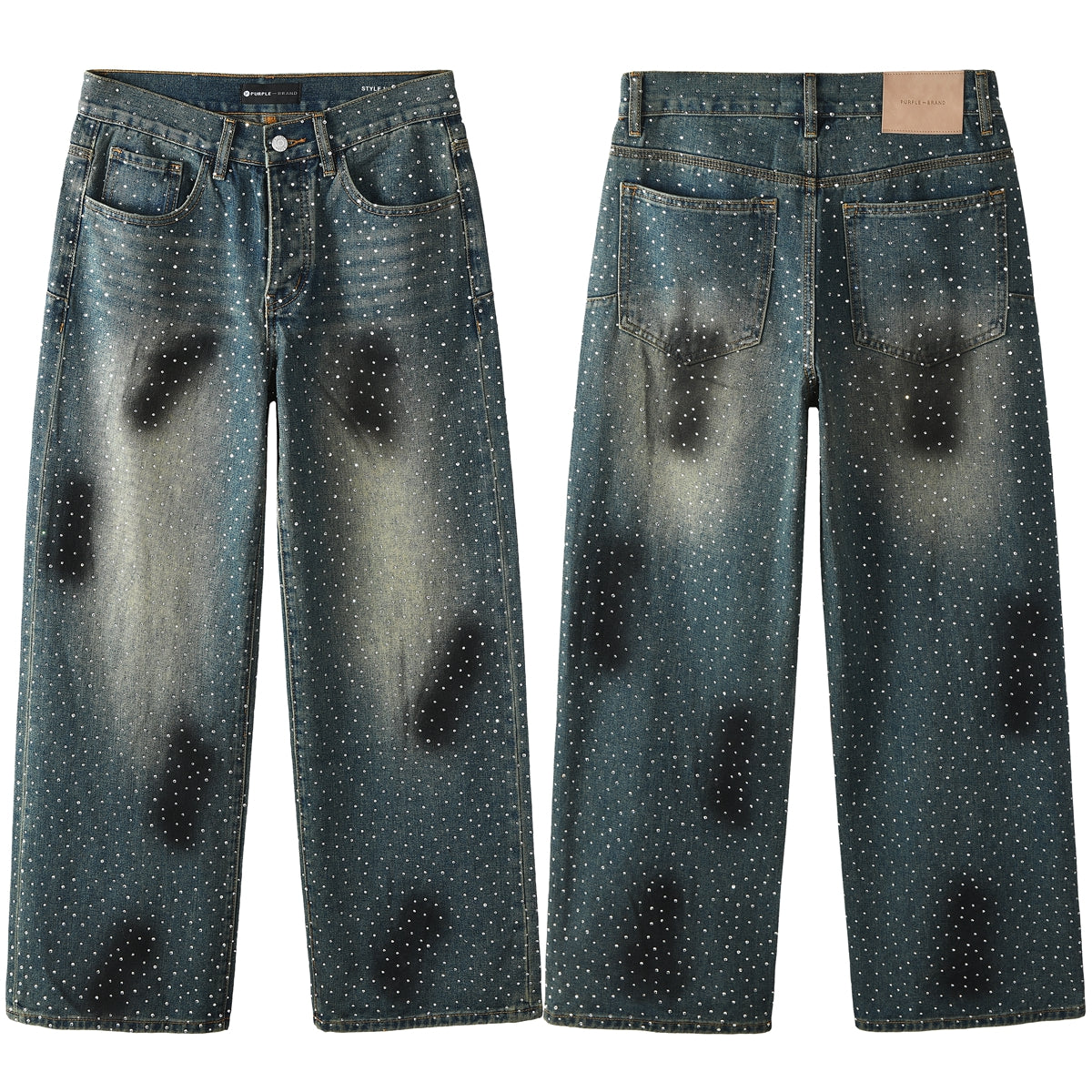 Men’s Dark Blue Wide Leg Jeans with Allover Studded Rhinestone Detailing Vintage Street Loose Denim Pants 106