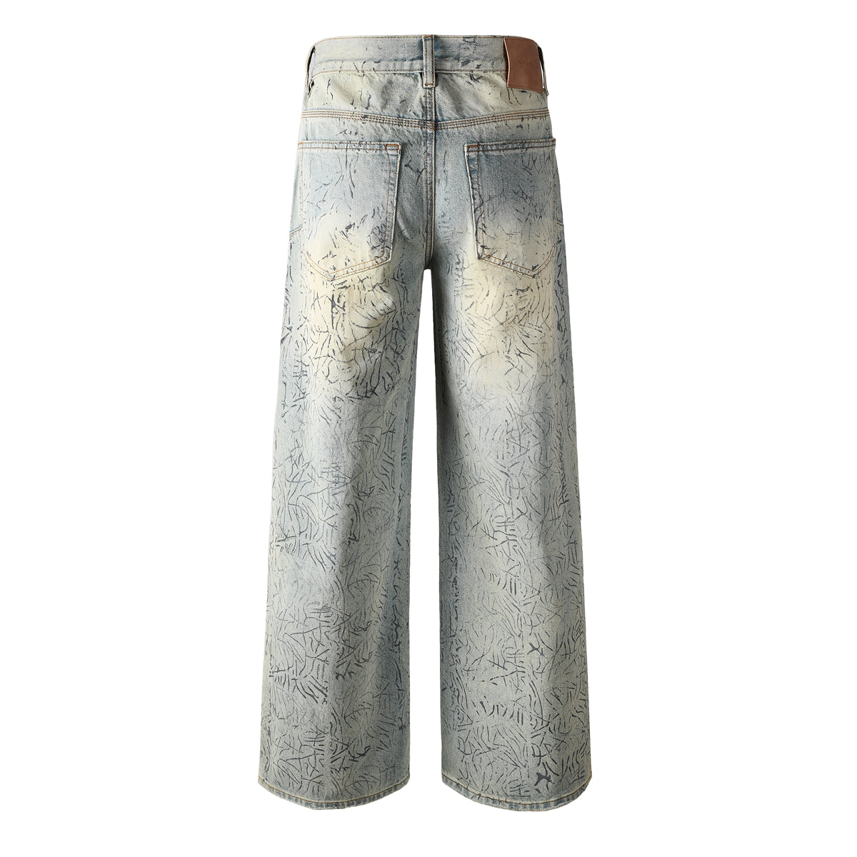 Mens Light Blue Wide Leg Jeans Loose Fit Vintage Wash with Abstract Pattern Streetwear 107