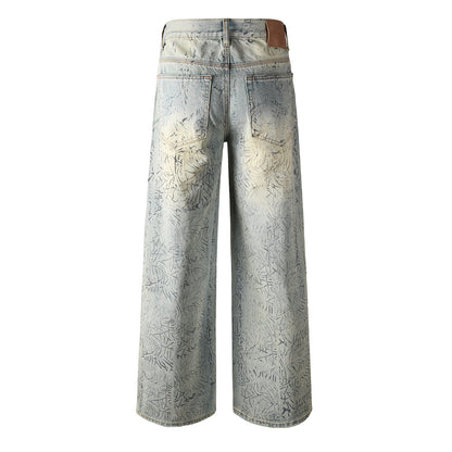 Mens Light Blue Wide Leg Jeans Loose Fit Vintage Wash with Abstract Pattern Streetwear 107