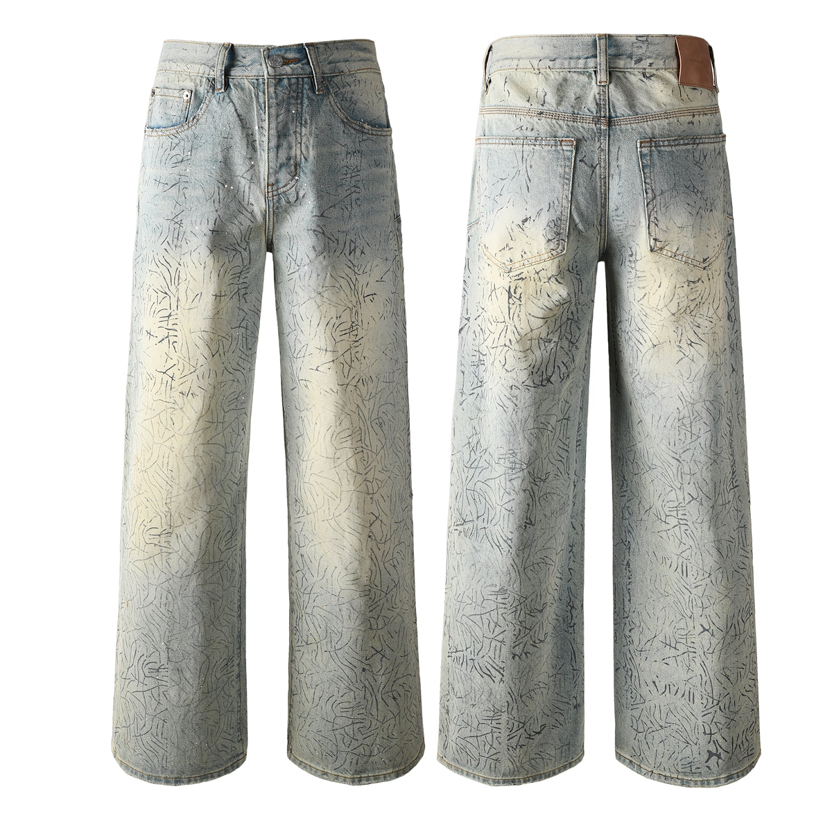Mens Light Blue Wide Leg Jeans Loose Fit Vintage Wash with Abstract Pattern Streetwear 107