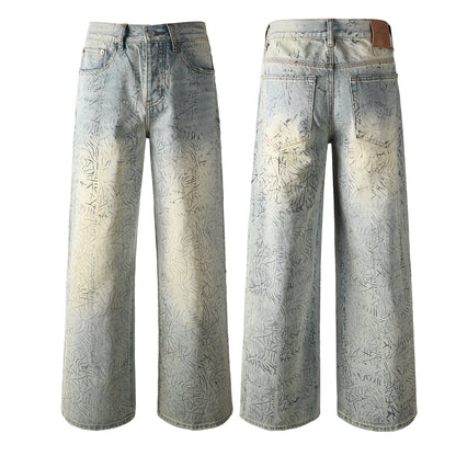 Mens Light Blue Wide Leg Jeans Loose Fit Vintage Wash with Abstract Pattern Streetwear 107
