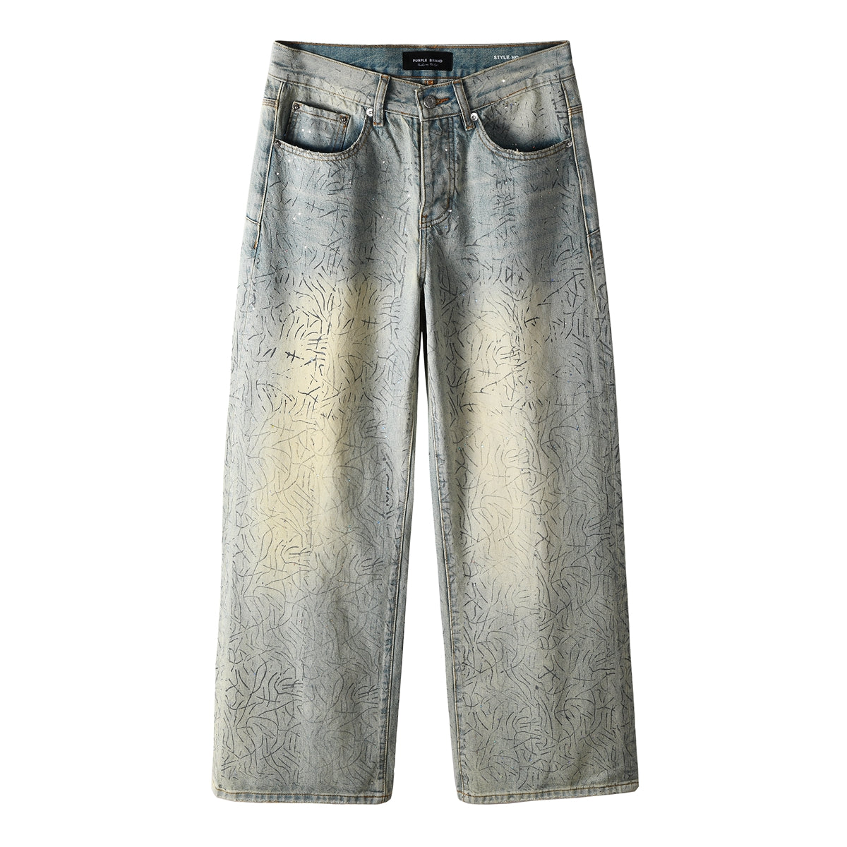 Mens Light Blue Wide Leg Jeans Loose Fit Vintage Wash with Abstract Pattern Streetwear 107