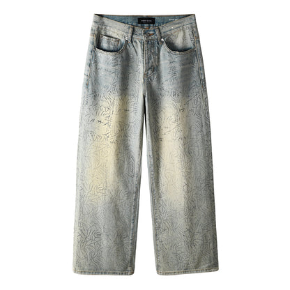 Mens Light Blue Wide Leg Jeans Loose Fit Vintage Wash with Abstract Pattern Streetwear 107