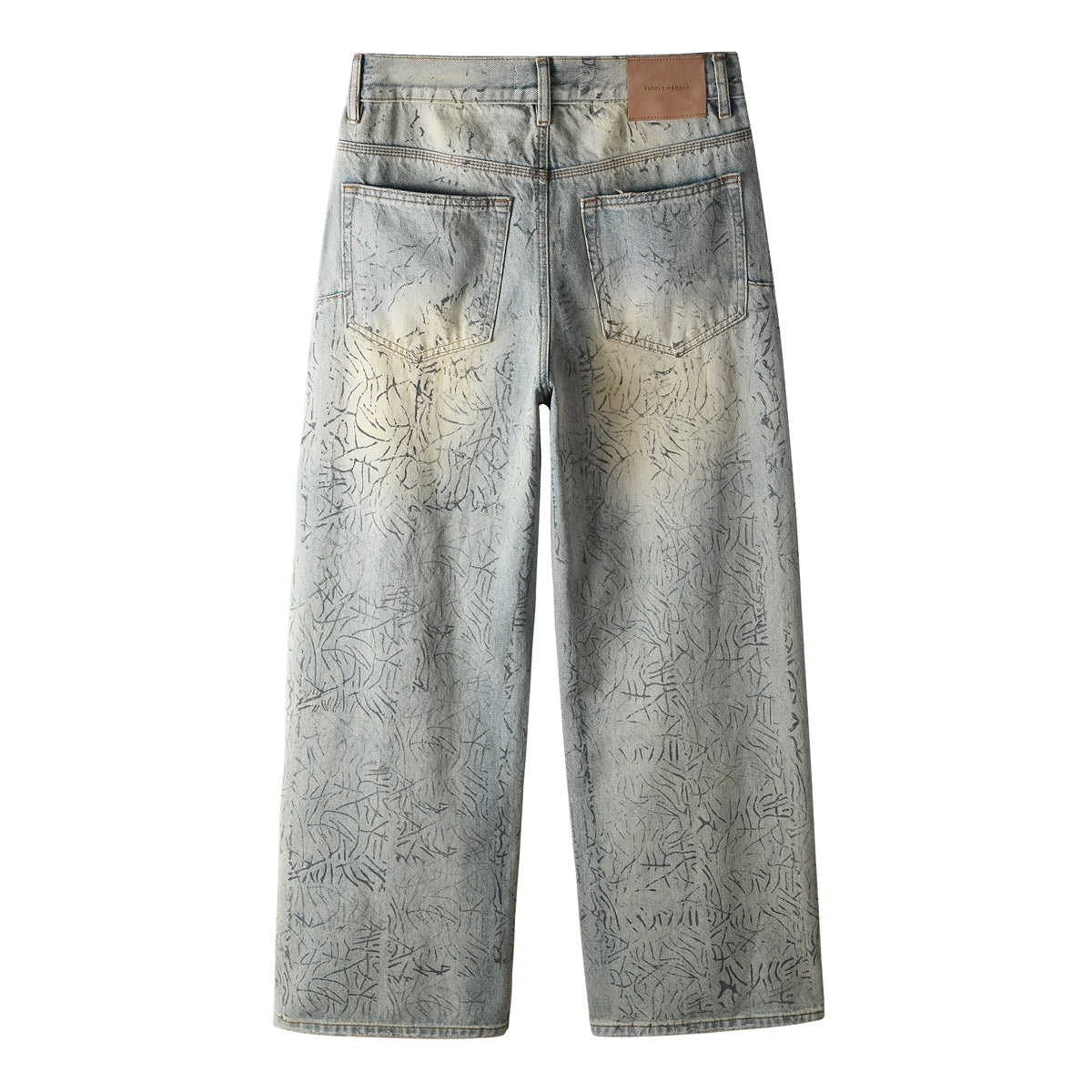 Mens Light Blue Wide Leg Jeans Loose Fit Vintage Wash with Abstract Pattern Streetwear 107