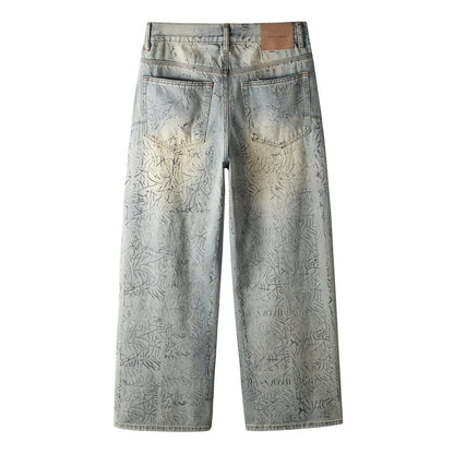 Mens Light Blue Wide Leg Jeans Loose Fit Vintage Wash with Abstract Pattern Streetwear 107