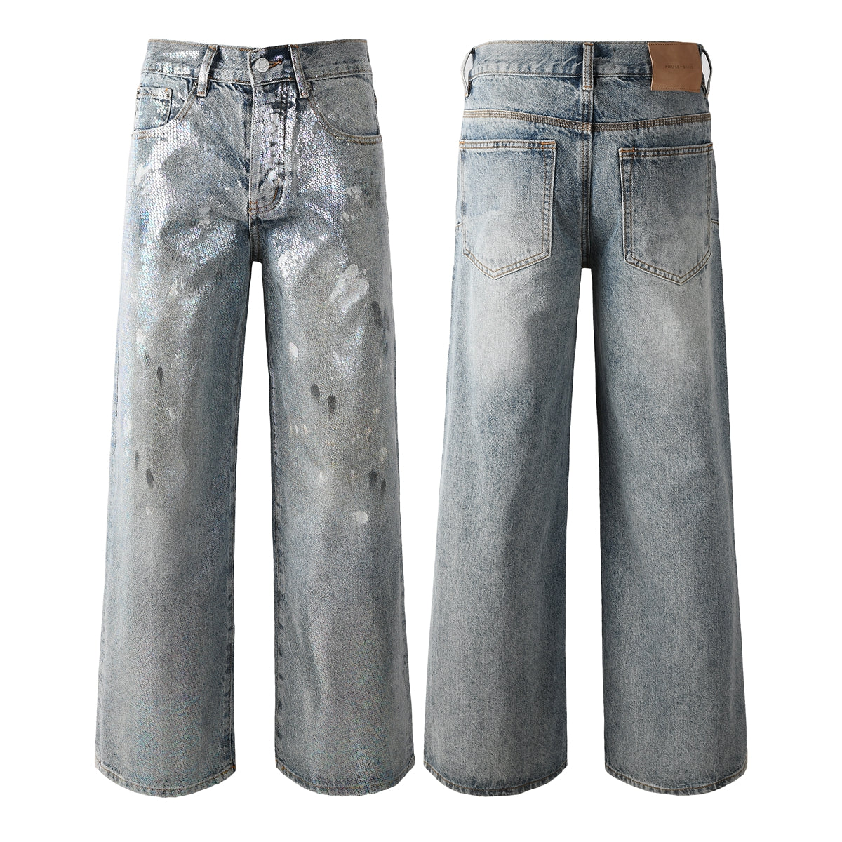 Trendy Men’s Loose Fit Denim Jeans in Light Blue with Holographic Shine and Washed Vintage Base 108
