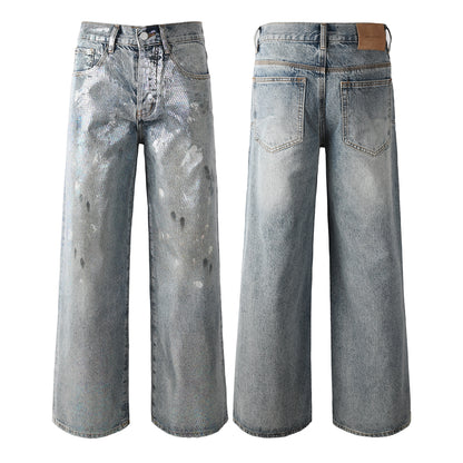Trendy Men’s Loose Fit Denim Jeans in Light Blue with Holographic Shine and Washed Vintage Base 108