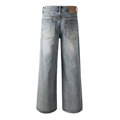 Trendy Men’s Loose Fit Denim Jeans in Light Blue with Holographic Shine and Washed Vintage Base 108