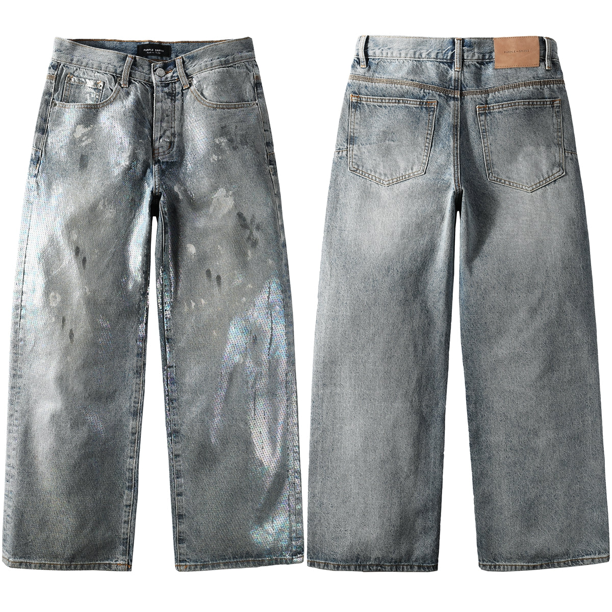 Trendy Men’s Loose Fit Denim Jeans in Light Blue with Holographic Shine and Washed Vintage Base 108