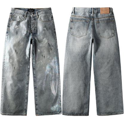 Trendy Men’s Loose Fit Denim Jeans in Light Blue with Holographic Shine and Washed Vintage Base 108