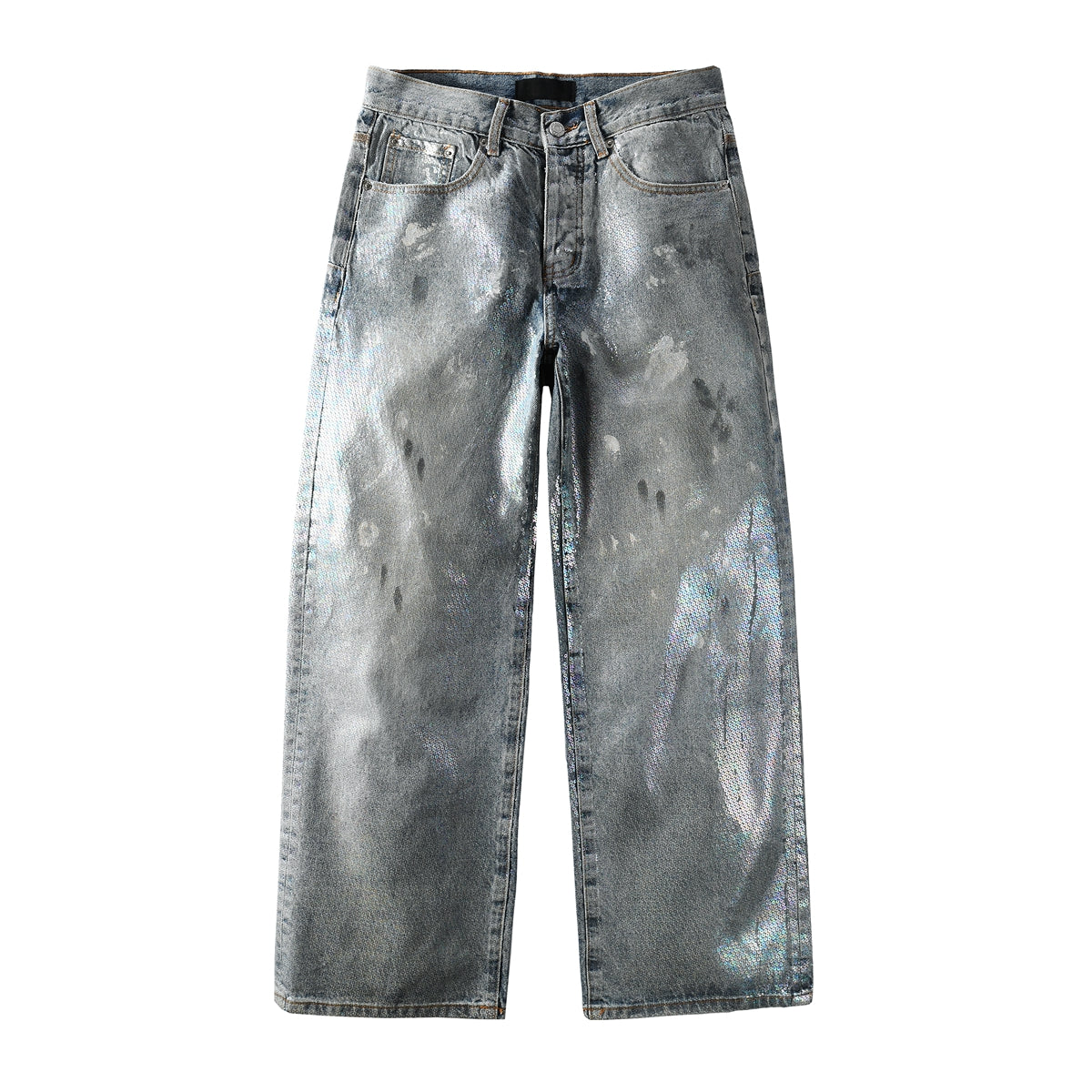 Trendy Men’s Loose Fit Denim Jeans in Light Blue with Holographic Shine and Washed Vintage Base 108