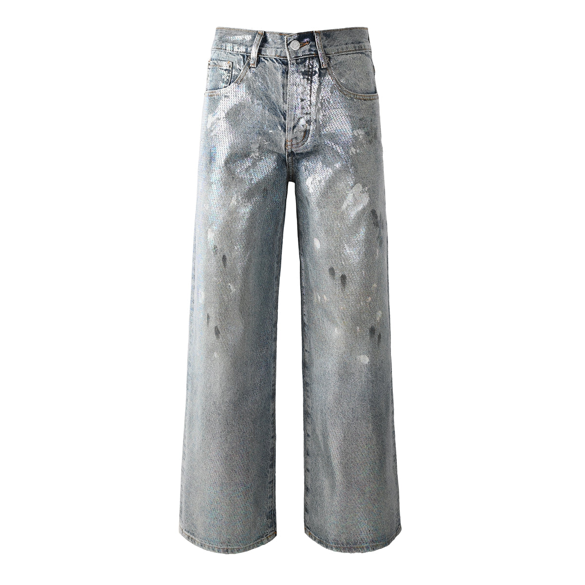 Trendy Men’s Loose Fit Denim Jeans in Light Blue with Holographic Shine and Washed Vintage Base 108