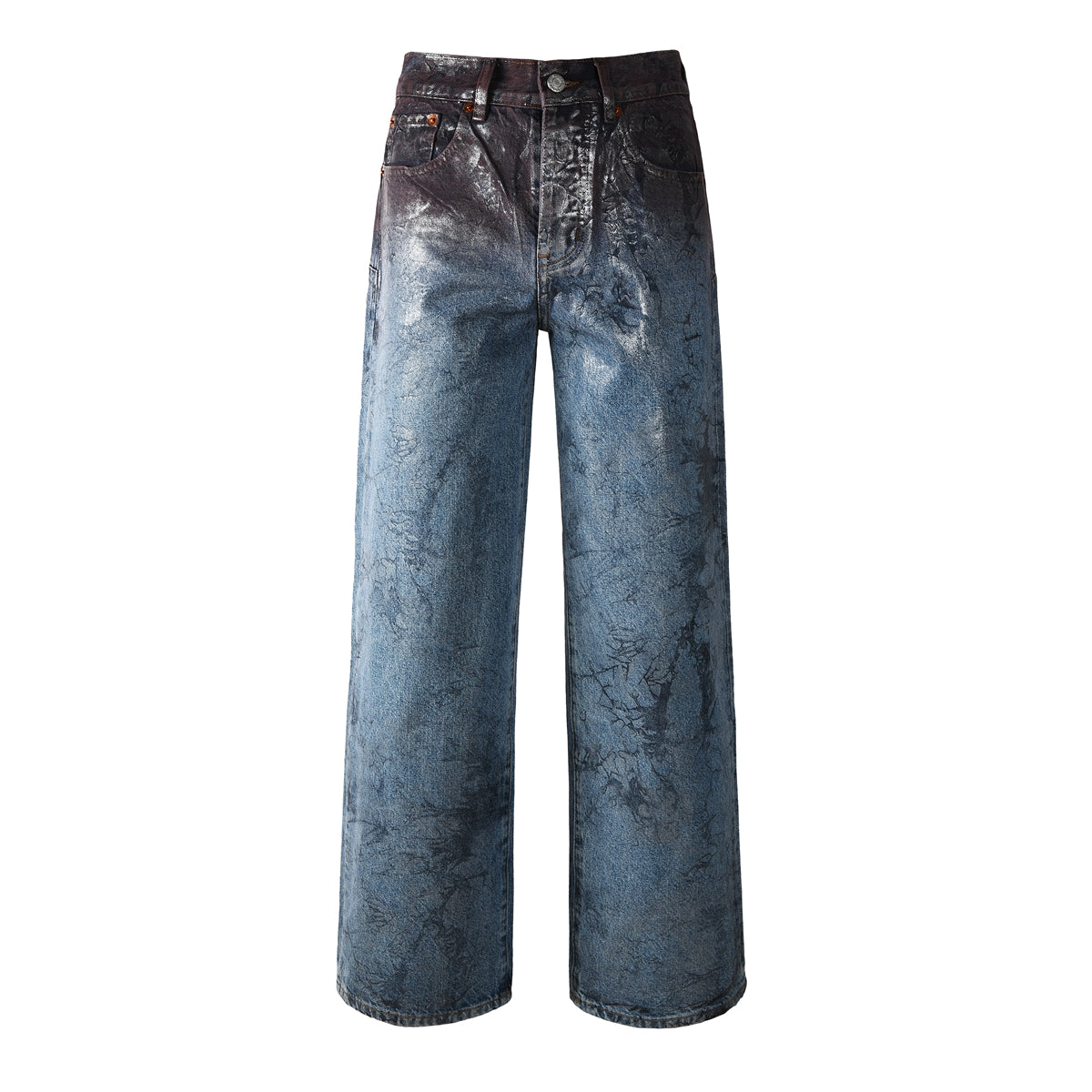 Mens Wide Leg Jeans Blue Denim with Dark Gradient Glossy Finish Vintage Streetwear Style 109