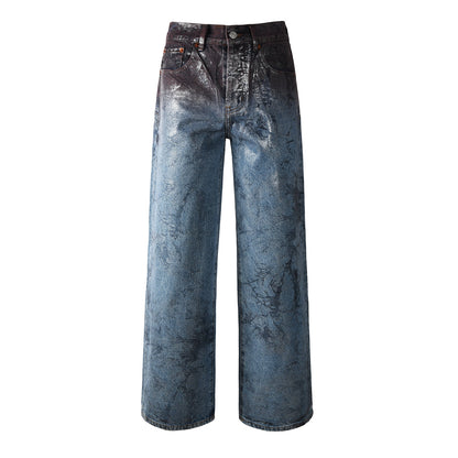 Mens Wide Leg Jeans Blue Denim with Dark Gradient Glossy Finish Vintage Streetwear Style 109