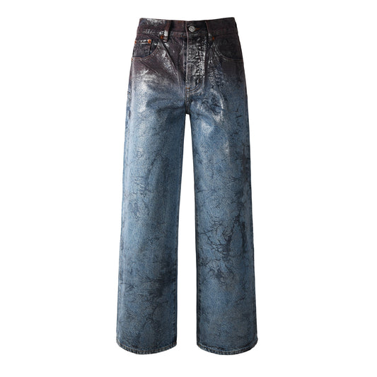 Mens Wide Leg Jeans Blue Denim with Dark Gradient Glossy Finish Vintage Streetwear Style 109