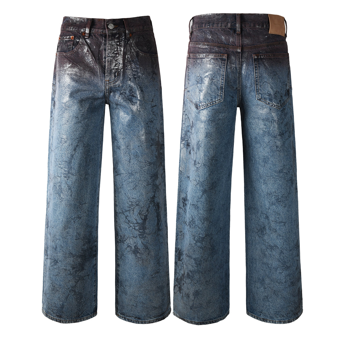 Mens Wide Leg Jeans Blue Denim with Dark Gradient Glossy Finish Vintage Streetwear Style 109