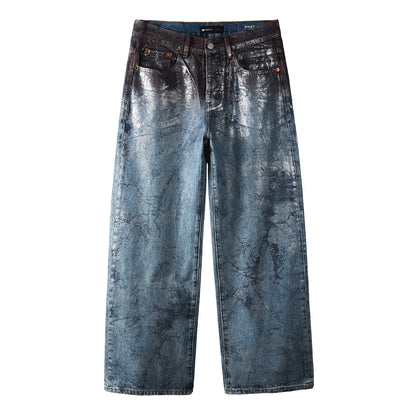 Mens Wide Leg Jeans Blue Denim with Dark Gradient Glossy Finish Vintage Streetwear Style 109