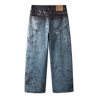 Mens Wide Leg Jeans Blue Denim with Dark Gradient Glossy Finish Vintage Streetwear Style 109