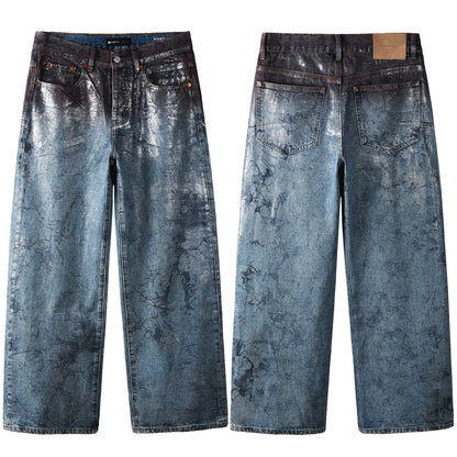 Mens Wide Leg Jeans Blue Denim with Dark Gradient Glossy Finish Vintage Streetwear Style 109