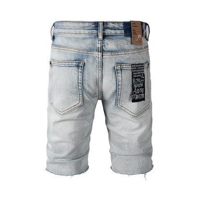 Men Streetwear Denim Shorts Light Blue Washed with Raw Hem and Graphic Patch Back Pocket 2001