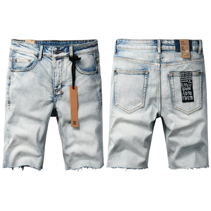 Men Streetwear Denim Shorts Light Blue Washed with Raw Hem and Graphic Patch Back Pocket 2001