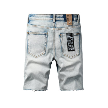 Men Streetwear Denim Shorts Light Blue Washed with Raw Hem and Graphic Patch Back Pocket 2001