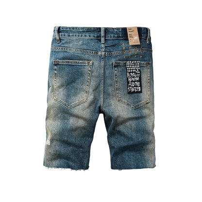 Men Streetwear Denim Shorts Blue Washed with Ripped Detail Raw Hem and Graphic Patch 2002