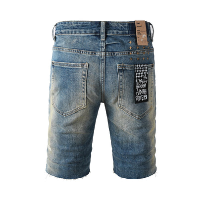 Men Streetwear Denim Shorts Blue Washed with Ripped Detail Raw Hem and Graphic Patch 2002