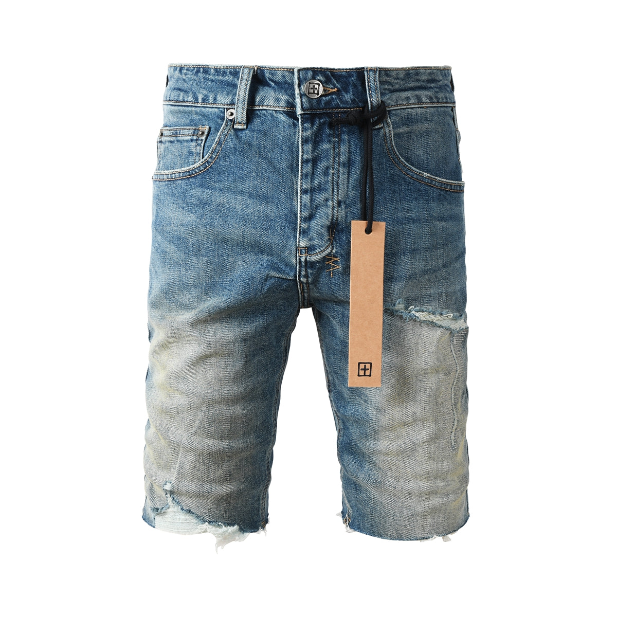 Men Streetwear Denim Shorts Blue Washed with Ripped Detail Raw Hem and Graphic Patch 2002