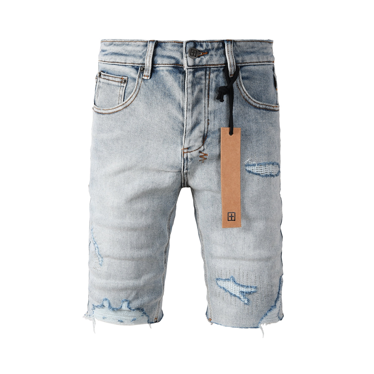 Men's Vintage Light Wash Ripped Denim Shorts with Raw Cut Hem and Distressed Details 2003